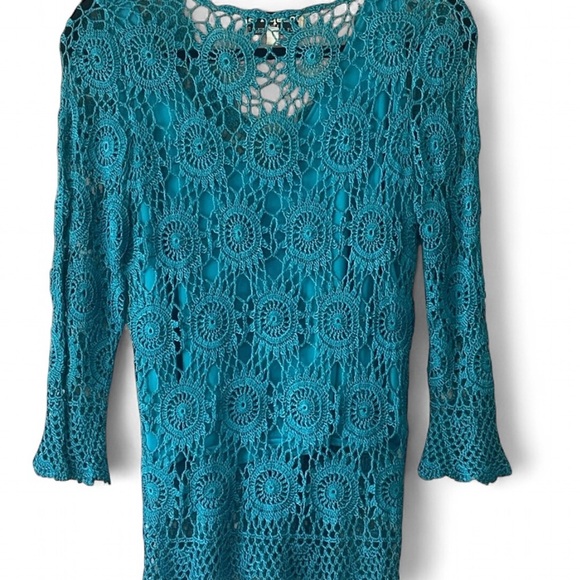 Joseph A. Blue Crochet Lace Overlay with 3/4 Sleeves - Picture 7 of 7